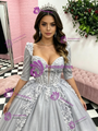 Silver Gray Tulle Short Sleeve Appliques Quinceanera Dress
