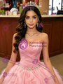 Pink Black Tulle Strapless Pleats Quinceanera Dress