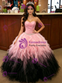 Pink Black Tulle Strapless Pleats Quinceanera Dress