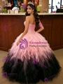 Pink Black Tulle Strapless Pleats Quinceanera Dress