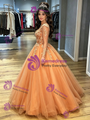 Orange Tulle Long Sleeve V-neck Appliques Quinceanera Dress
