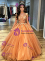 Orange Tulle Long Sleeve V-neck Appliques Quinceanera Dress