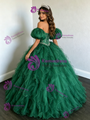Green Tulle Off the Shoulder Puff Sleeve Beading Quinceanera Dress