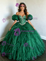 Green Tulle Off the Shoulder Puff Sleeve Beading Quinceanera Dress