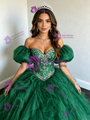 Green Tulle Off the Shoulder Puff Sleeve Beading Quinceanera Dress
