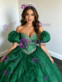 Green Tulle Off the Shoulder Puff Sleeve Beading Quinceanera Dress