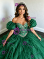 Green Tulle Off the Shoulder Puff Sleeve Beading Quinceanera Dress