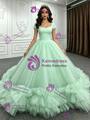 Green Tulle Cap Sleeve Square Neck Quinceanera Dress