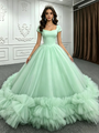 Green Tulle Cap Sleeve Square Neck Quinceanera Dress