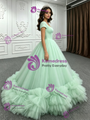 Green Tulle Cap Sleeve Square Neck Quinceanera Dress