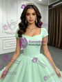 Green Tulle Cap Sleeve Square Neck Quinceanera Dress