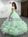 Green Tulle Cap Sleeve Square Neck Quinceanera Dress