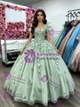 Green Tulle Short Sleeve Appliques Quinceanera Dress