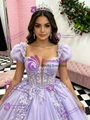 Purple Tulle Puff Sleeve Appliques Quinceanera Dress