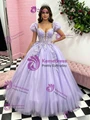 Purple Tulle Puff Sleeve Appliques Quinceanera Dress