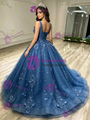 Blue Tulle V-neck Appliques Quinceanera Dress