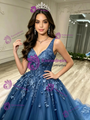 Blue Tulle V-neck Appliques Quinceanera Dress