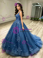 Blue Tulle V-neck Appliques Quinceanera Dress