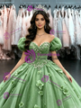 Green Tulle Puff Sleeve Flower Quinceanera Dress