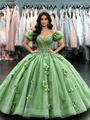 Green Tulle Puff Sleeve Flower Quinceanera Dress