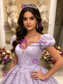 Purple Lace Puff Sleeve Quinceanera Dress