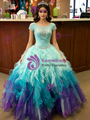 Blue Tulle Cap Sleeve Quinceanera Dress