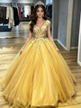 Yellow Tulle V-neck Appliques Quinceanera Dress