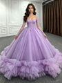 Purple Tulle Long Sleeve Lace Quinceanera Dress