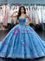 Blue Tulle V-neck Flower Quinceanera Dress