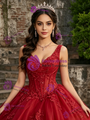 Red Tulle V-neck Appliques Quinceanera Dress
