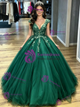 Green Tulle V-neck Appliques Quinceanera Dress