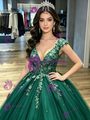Green Tulle V-neck Appliques Quinceanera Dress