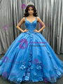 Blue Tulle Straps Flower Quinceanera Dress
