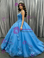 Blue Tulle Straps Flower Quinceanera Dress