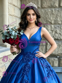 Royal Blue Satin V-neck Appliques Quinceanera Dress