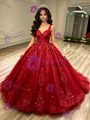 Red Tulle V-neck Appliques Quinceanera Dress