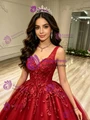 Red Tulle V-neck Appliques Quinceanera Dress