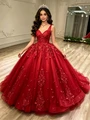 Red Tulle V-neck Appliques Quinceanera Dress