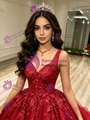 Red Tulle V-neck Appliques Quinceanera Dress