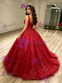 Red Tulle V-neck Appliques Quinceanera Dress