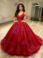 Red Tulle V-neck Appliques Quinceanera Dress