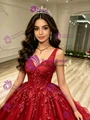 Red Tulle V-neck Appliques Quinceanera Dress