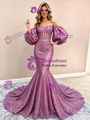 Purple Mermaid Sequins Puff Sleeve Prom Dress