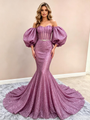 Purple Mermaid Sequins Puff Sleeve Prom Dress