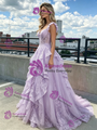 Purple Tulle Lace Straps Prom Dress