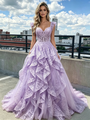 Purple Tulle Lace Straps Prom Dress