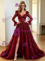 Burgundy Lace Long Sleeve Split Prom Dress