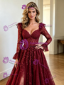 Burgundy Lace Long Sleeve Split Prom Dress