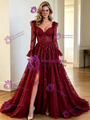 Burgundy Lace Long Sleeve Split Prom Dress