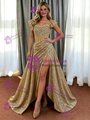 Gold Sequins Straps Split Beading Prom Dress